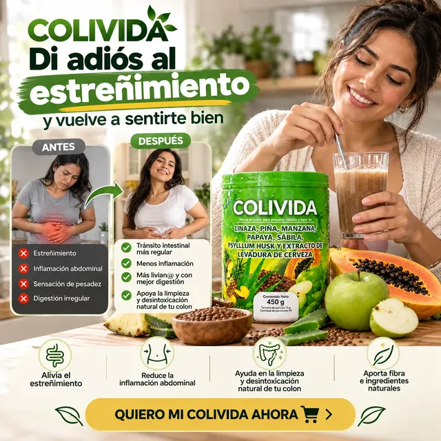 COLIVIDA: mezcla en polvo con fibra e ingredientes naturales, envase de 450 g, preparada en un vaso
