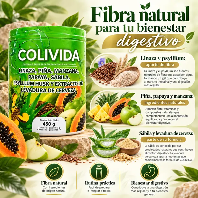 Fibra natural para tu bienestar digestivo: linaza y psyllium, piña, papaya y manzana, sábila y levadura de cerveza